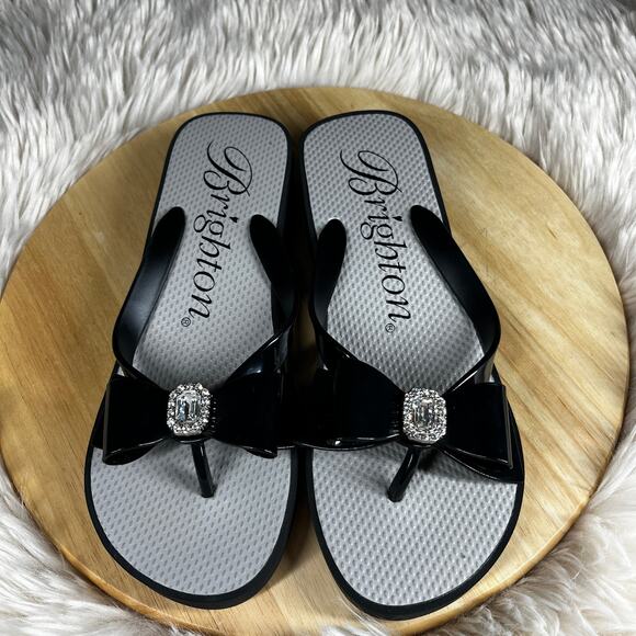 Brighton Bowie Wedge Flip Flops Womens Size 9 Black Bow with Bling Dressy Glam - Picture 3 of 14